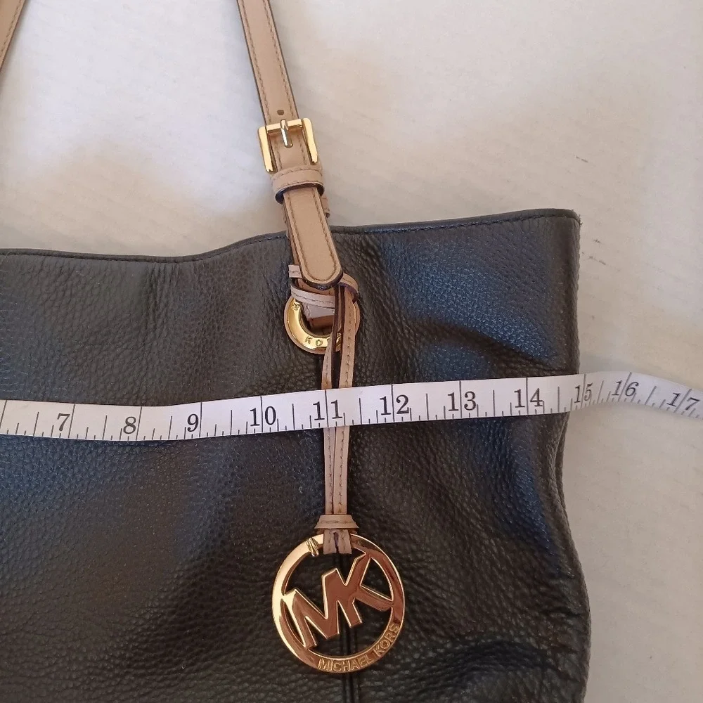 Michael Kors Tote Bag Women Large Black Pebbled Leather Tan Straps Gold Hardware - Picture 3 of 9
